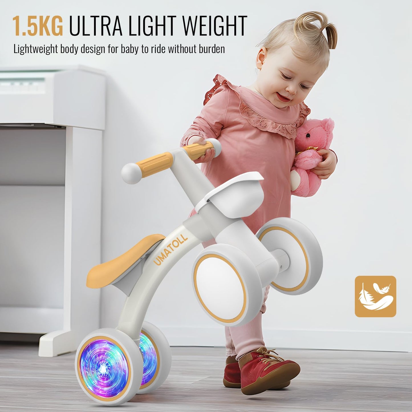 Umatoll Colorful Lighting Baby Balance Bike Toys for 1 Year Old Girls Gifts, Adjustable Seat, 1st Birthday Gifts, 12-24 Months Toddler Bike, Pink Nirvana Guru