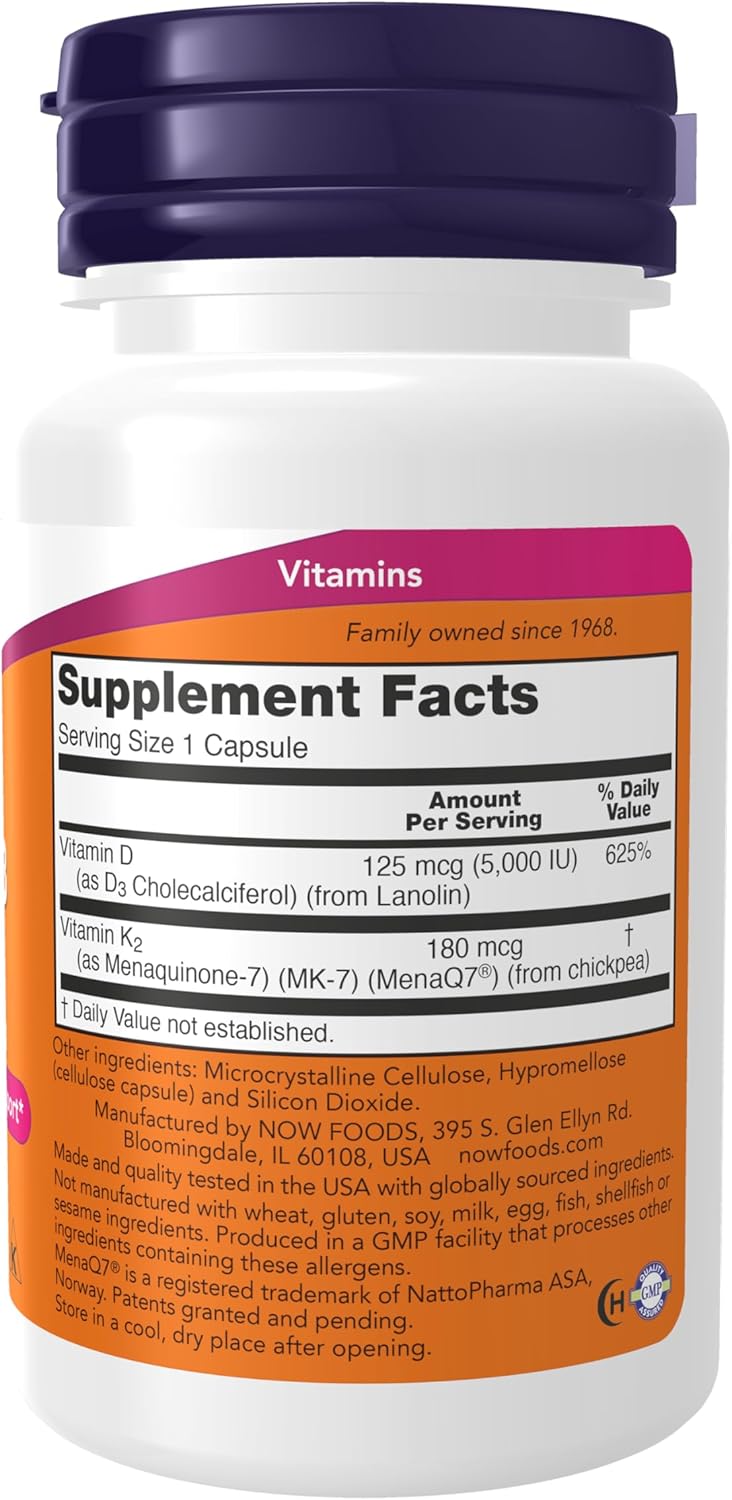 NOW Foods Supplements, Mega D-3 & MK-7 with Vitamins D-3 & K-2, 5,000 IU/180 mcg, Bone & Cardiovascular Support*, 60 Veg Capsules - Nirvana Guru