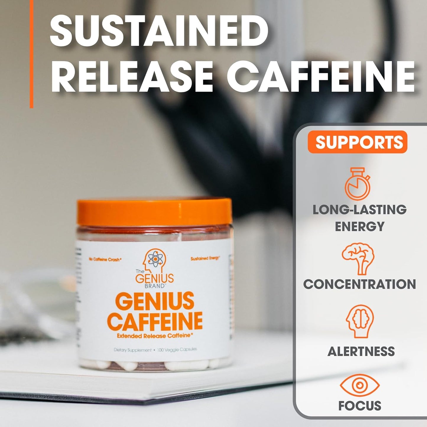 Genius Caffeine - Sustained-Release Microencapsulated Caffeine Pills for Smooth, Long-Lasting Energy & Focus - No Jitters or Crash - 100mg per Capsule - 100 Servings - Natural Performance Booster