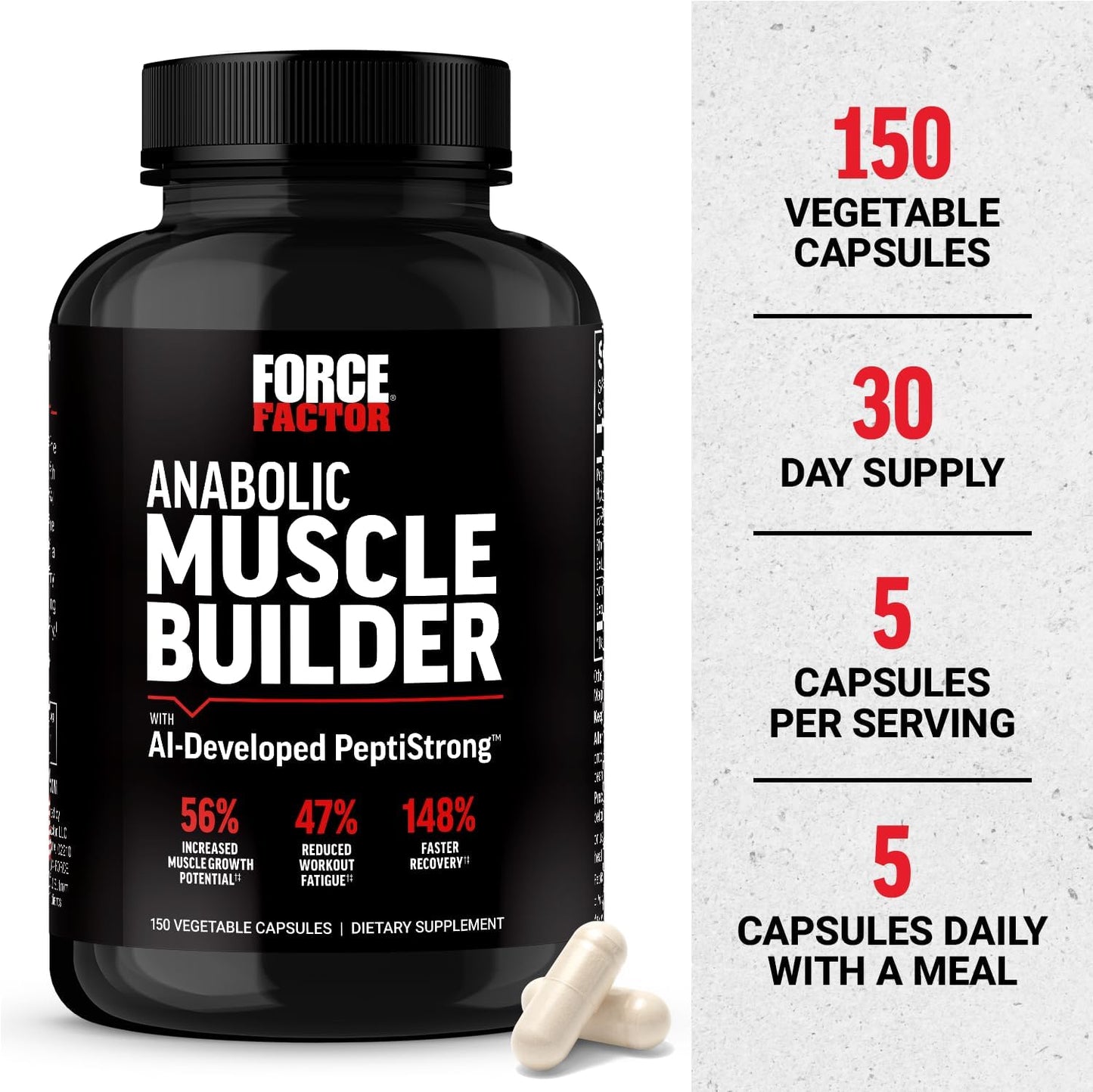 FORCE FACTOR Anabolic Muscle Builder, Muscle Building Support Supplements for Men, Supports Muscle, Strength, and Recovery, Reduces Fatigue, with AI-Developed PeptiStrong, 150 Capsules Nirvana Guru