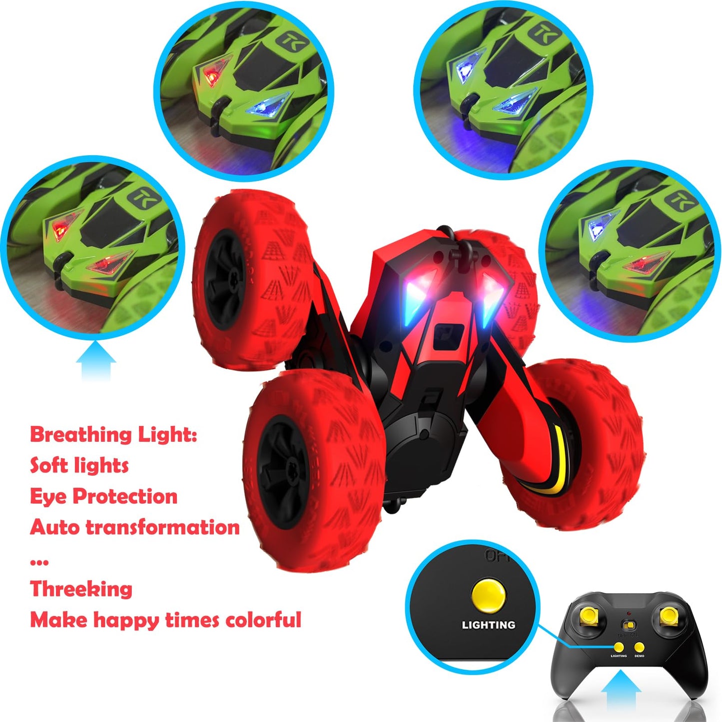 Threeking RC Stunt Cars Remote Control Car Double-Sided Driving 360-degree Flips Rotating Car Toy, Green Nirvana Guru
