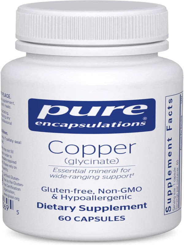 Pure Encapsulations Copper Glycinate 60's - 2 mg Copper Supplement, Supports Red Blood Cell Formation* - Aids Energy Metabolism - Non-GMO & Vegan - 60 Capsules - Nirvana Guru