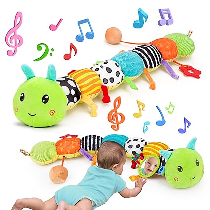 Baby Sensory Toy 0-6 Month Music Animal Stuffed Plush Caterpillar Toy for Infant 0-3-6 Month Tummy Time with Baby Mirror Crinkle Rattle for 6-12 Month Carseat Toys for Newborn Boys Girls Shower Gifts nirvanaguru
