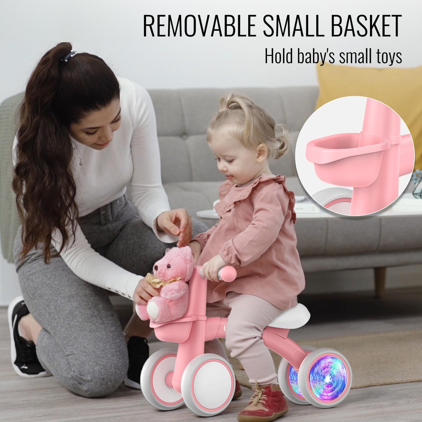 Umatoll Colorful Lighting Baby Balance Bike Toys for 1 Year Old Girls Gifts, Adjustable Seat, 1st Birthday Gifts, 12-24 Months Toddler Bike, Pink Nirvana Guru