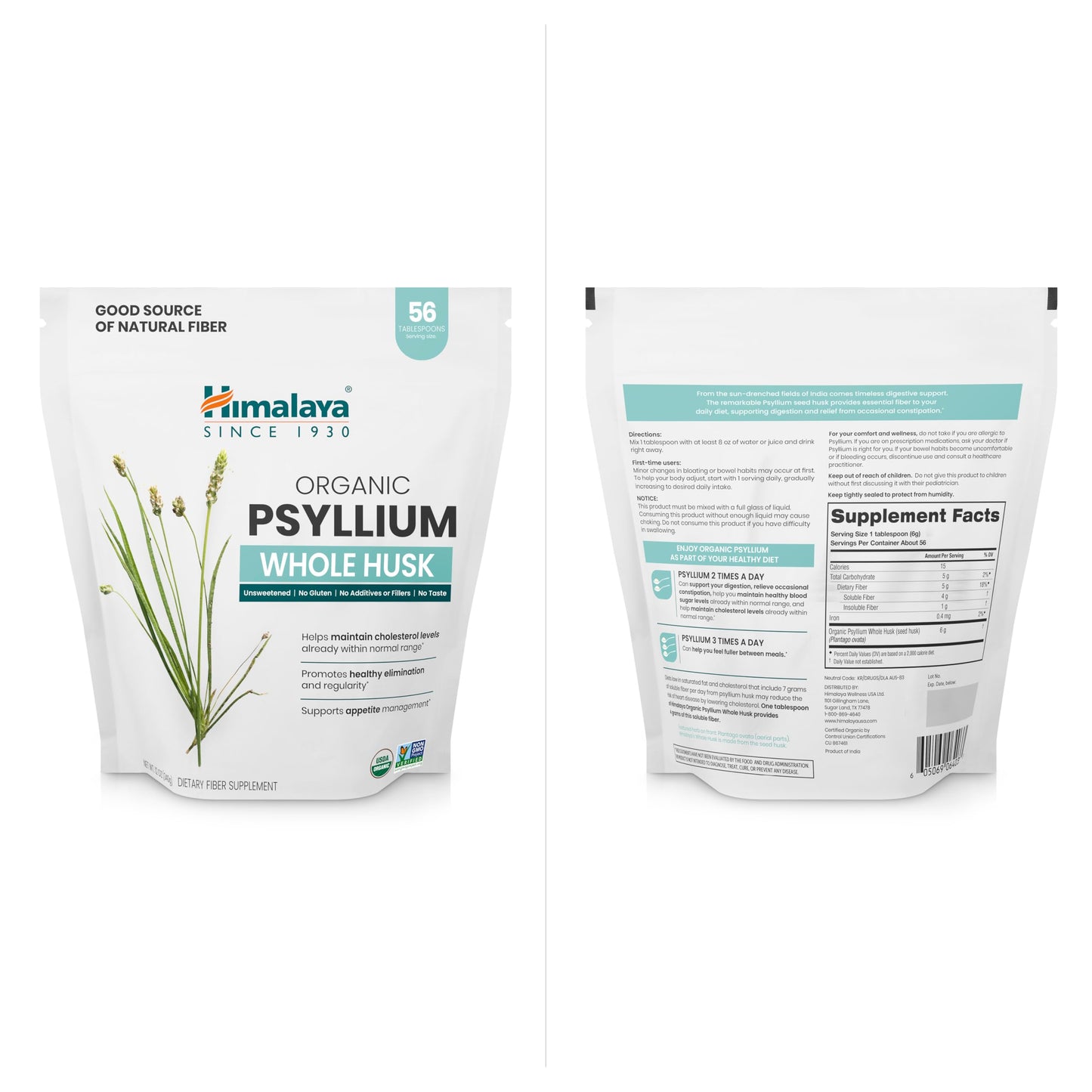 Himalaya Organic Psyllium Whole Husk, Natural Daily Fiber Supplement, Regularity, Appetite Management, USDA Certified Organic, Non-GMO, 56-Tablespoon Supply, Unflavored, 12 Oz - Nirvana Guru