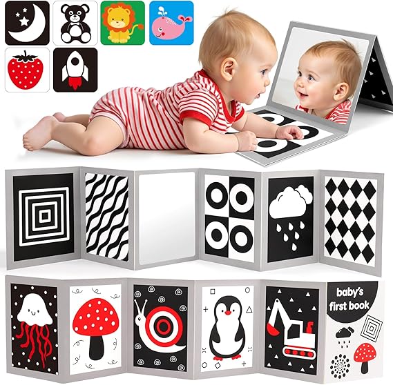 Black and White High Contrast Baby Books Flash Cards Tummy Time Mirror Toys Newborn Toys 0 6 Months Brain Development Infant Stimulating Sensory Toy 0-3 3-6 2 4 5 Months old Baby Boy Girl Shower Gifts nirvanaguru