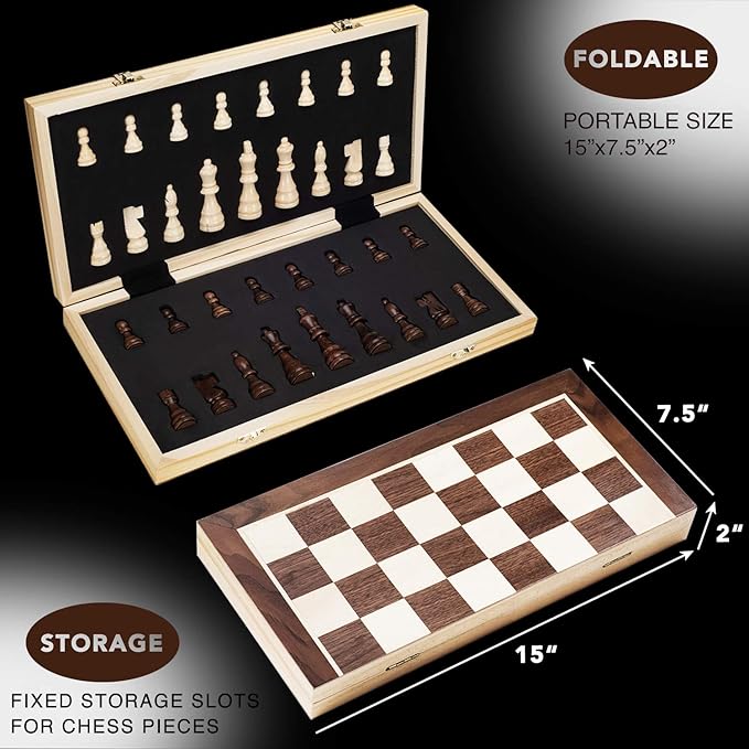 AMEROUS 15 Inches Magnetic Wooden Chess Set - 2 Extra Queens - Folding Board - Pieces Storage Slots, Handmade Portable Travel Chess Game - Beginner Chess Set for Kids, 6 up Age Nirvana Guru