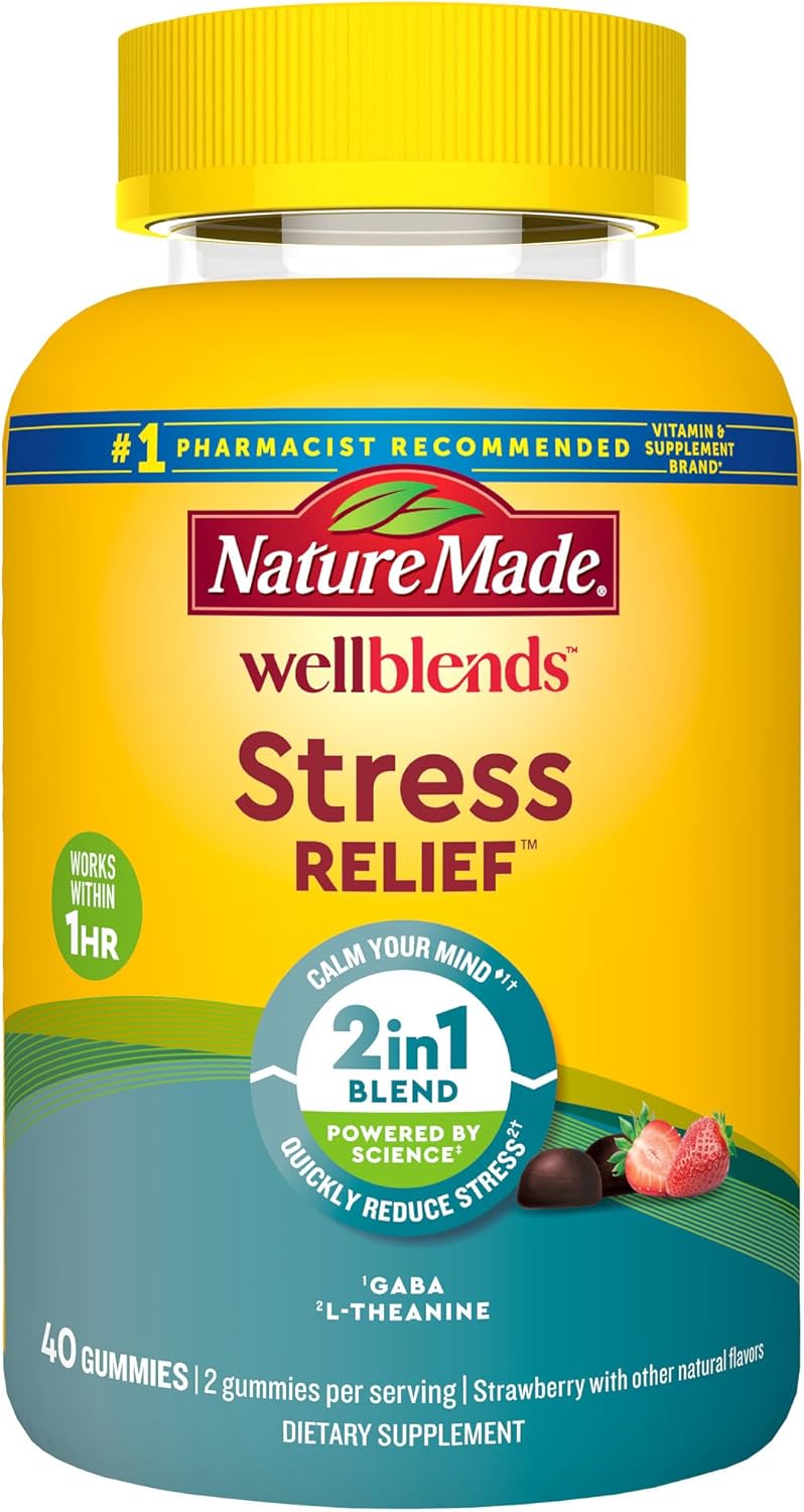 Nature Made Wellblends Stress Relief Gummies, L theanine 200mg to Help Reduce Stress, with GABA 100mg, Same Day Stress Support, 40 Strawberry Flavor Gummies - Nirvana Guru
