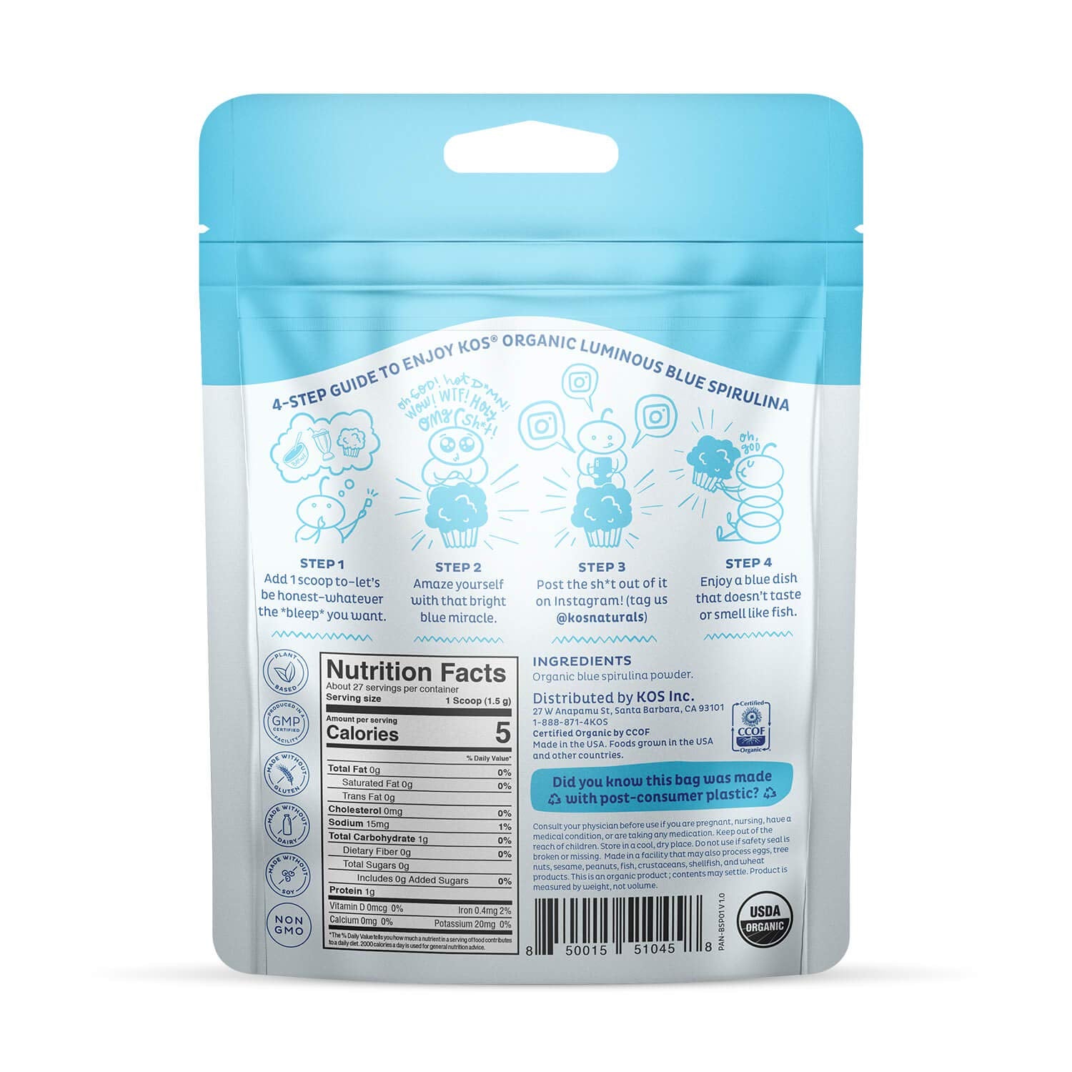 KOS Calming Blue Spirulina Blend- USDA Certified Organic - Algae Superfood Powder with Ashwagandha Root, Lemon Balm, Reishi Mushroom, B Vitamins - Berry Coconut Cooler Flavor, 28 Servings - Nirvana Guru