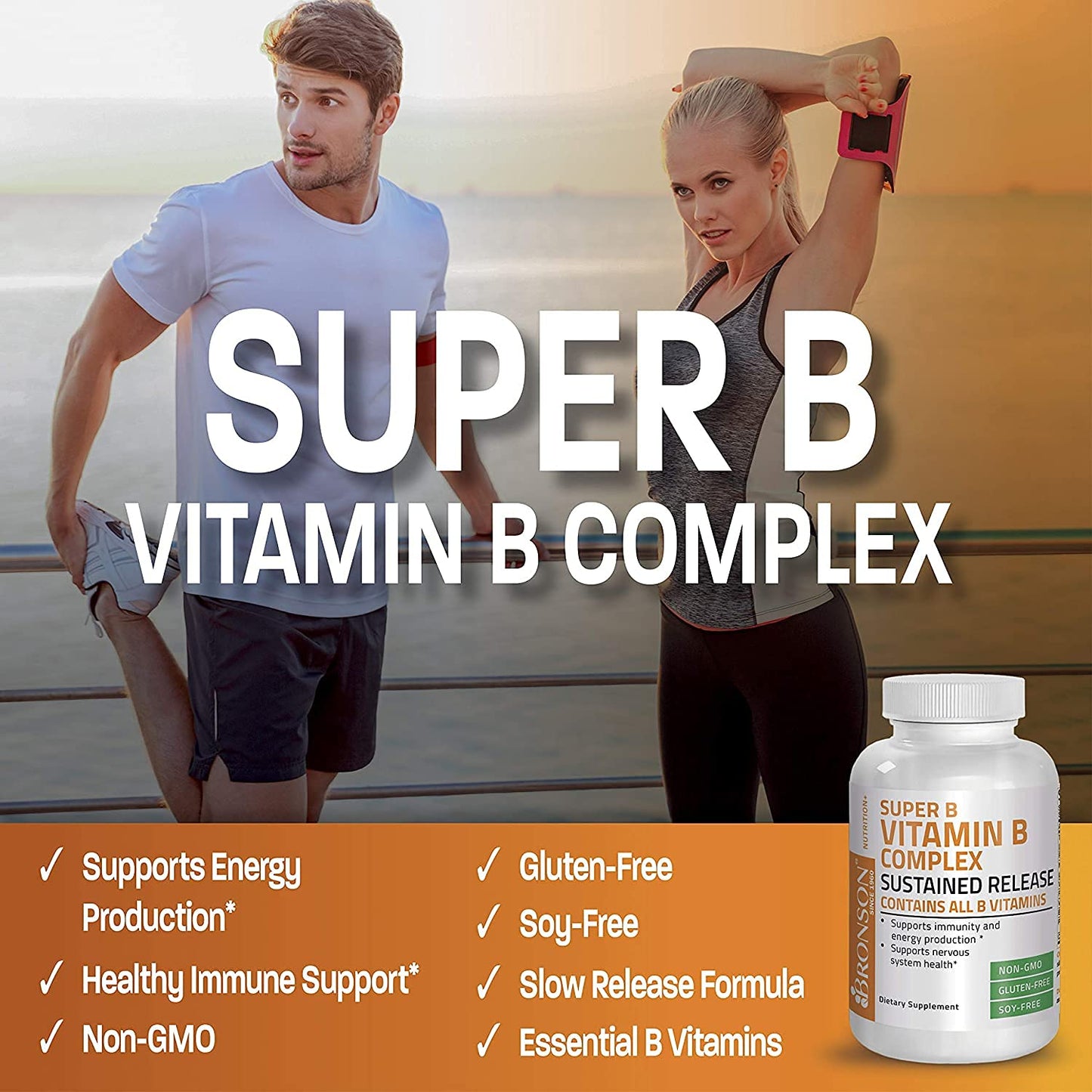 Bronson Super B Vitamin B Complex Sustained Slow Release (Vitamin B1, B2, B3, B6, B9 - Folic Acid, B12) Contains All B Vitamins 60 Tablets Nirvana Guru