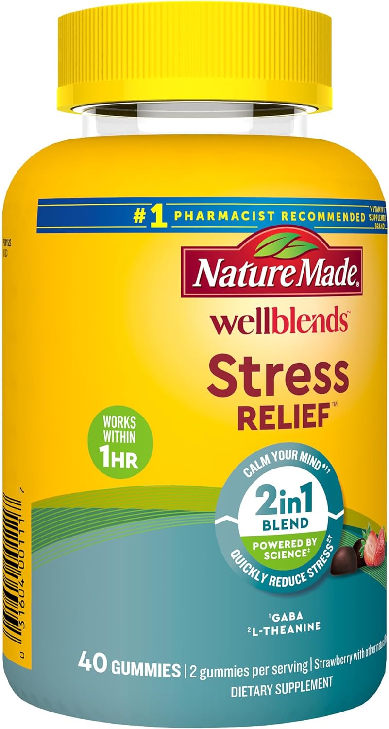 Nature Made Wellblends Stress Relief Gummies, L theanine 200mg to Help Reduce Stress, with GABA 100mg, Same Day Stress Support, 40 Strawberry Flavor Gummies - Nirvana Guru