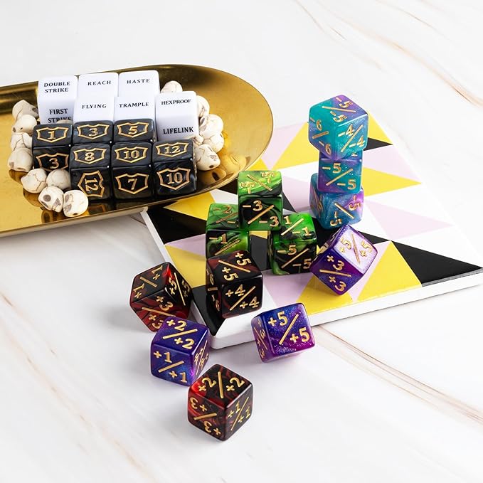 63 Pieces MTG Dice Counters Bulk Ability Keywords MTG Tokens Shield Life Counter 6 Sided Dice Set for Magic The Gathering,TCG,Cards Gaming Accessories nirvanaguru