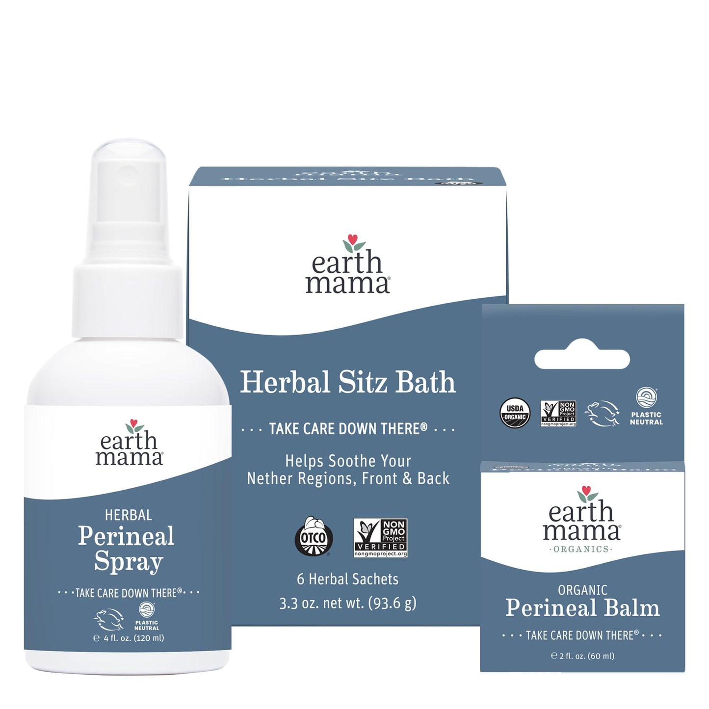 Earth Mama Postpartum Recovery Kit, Take Care Down There® Trifecta with Organic Perineal Balm, Sitz Bath & Herbal Peri Spray, 3-Piece Set Nirvana Guru