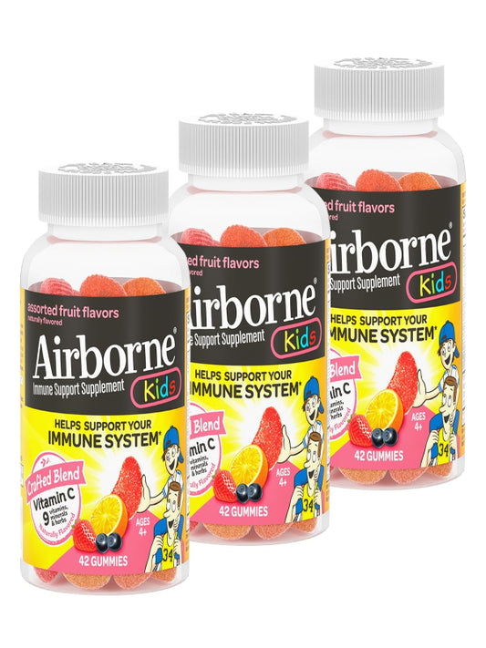 Airborne 500mg Vitamin C + Zinc Immune Support Supplement Gummies for Kids, Assorted Fruit Flavor, Gluten Free Crafted Blend with Powerful Antioxidants Vitamins C & E, 42 Gummies (3 Pack) Nirvana Guru