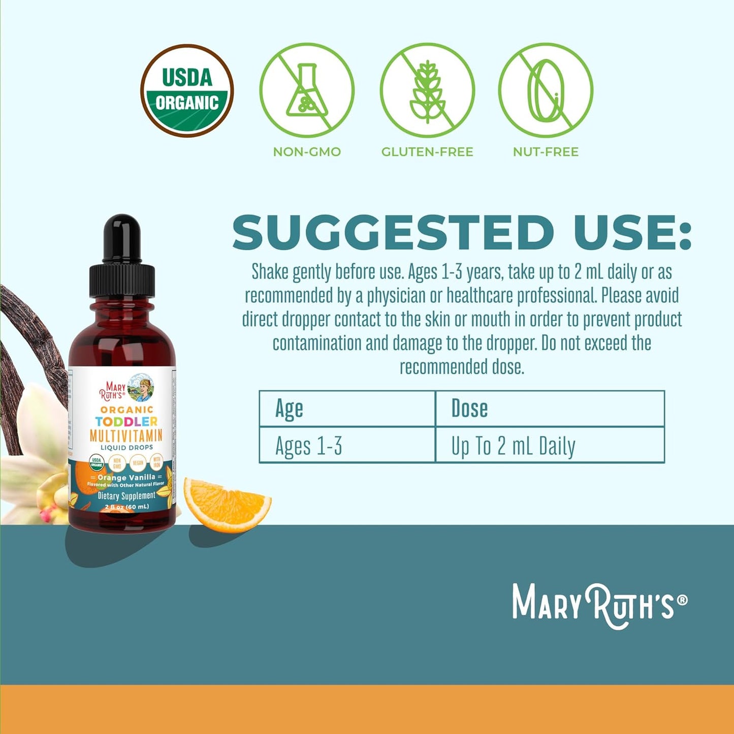 MaryRuth Organics Multivitamin & Multimineral with Iron for Toddlers | USDA Organic | Sugar Free | Multivitamin Liquid Drops for Kids Ages 1-3 | Immune Support | Vegan | Non-GMO | 2 Fl Oz - Nirvana Guru