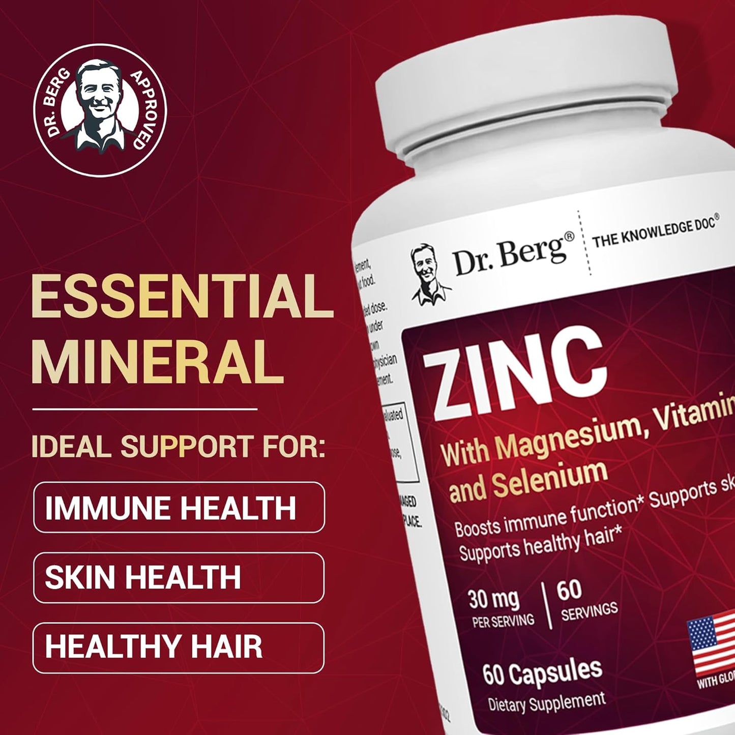 Dr. Berg Zinc 30mg Enhanced with Magnesium, Vitamin D3, Selenium, & Copper - Zinc Supplements for Men & Women - Chelated Zinc for Immune, Skin, Hair, & Nails Support* - 60 Capsules - Nirvana Guru