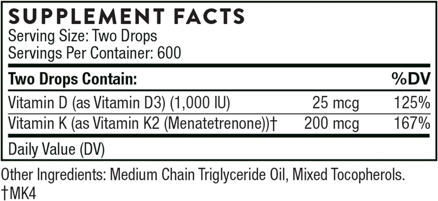 THORNE Vitamin D + K2 Liquid with a metered Dispenser - Vitamins D3 and K2 to Support Healthy Bones and Muscles* - 1 Fl Oz (30 ml) - 600 Servings - Nirvana Guru