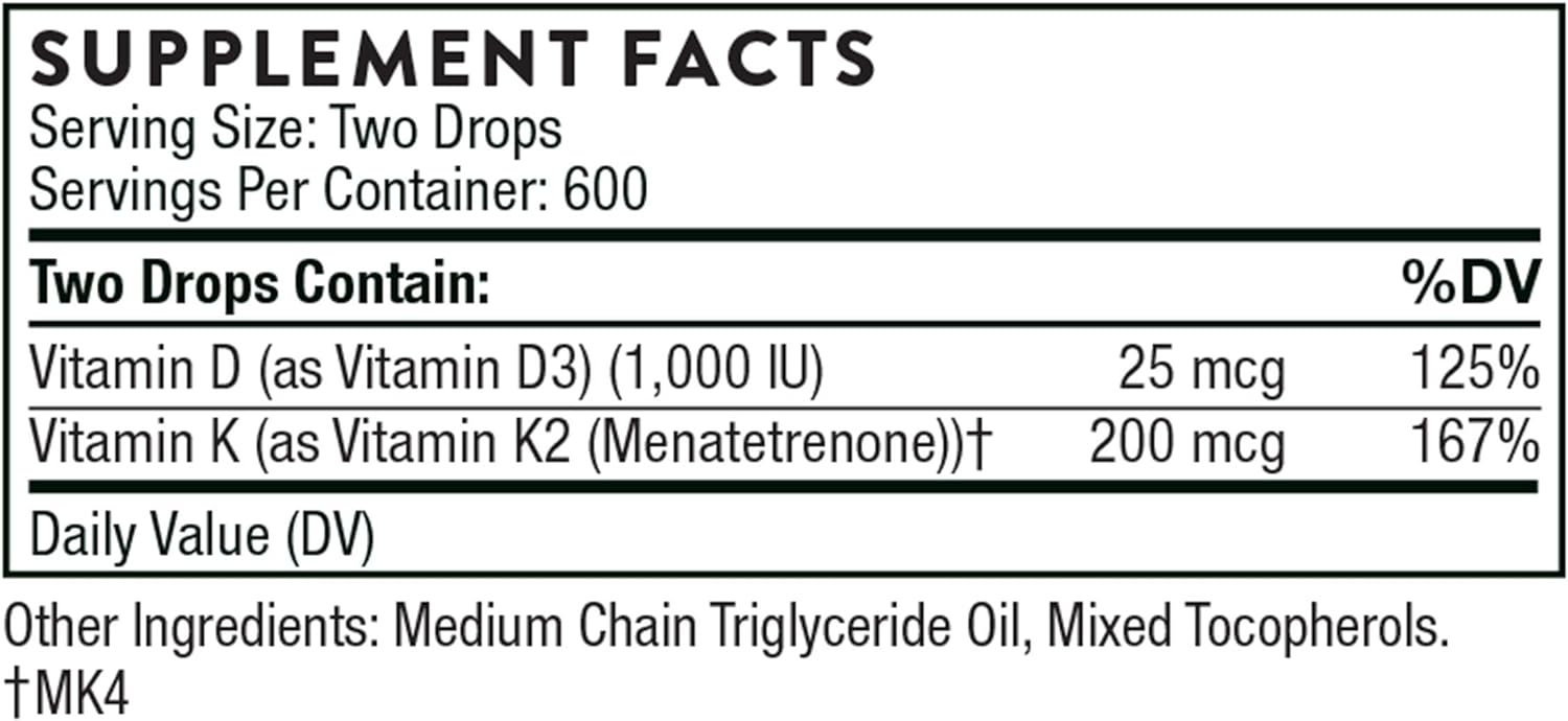 THORNE Vitamin D + K2 Liquid with a metered Dispenser - Vitamins D3 and K2 to Support Healthy Bones and Muscles* - 1 Fl Oz (30 ml) - 600 Servings - Nirvana Guru