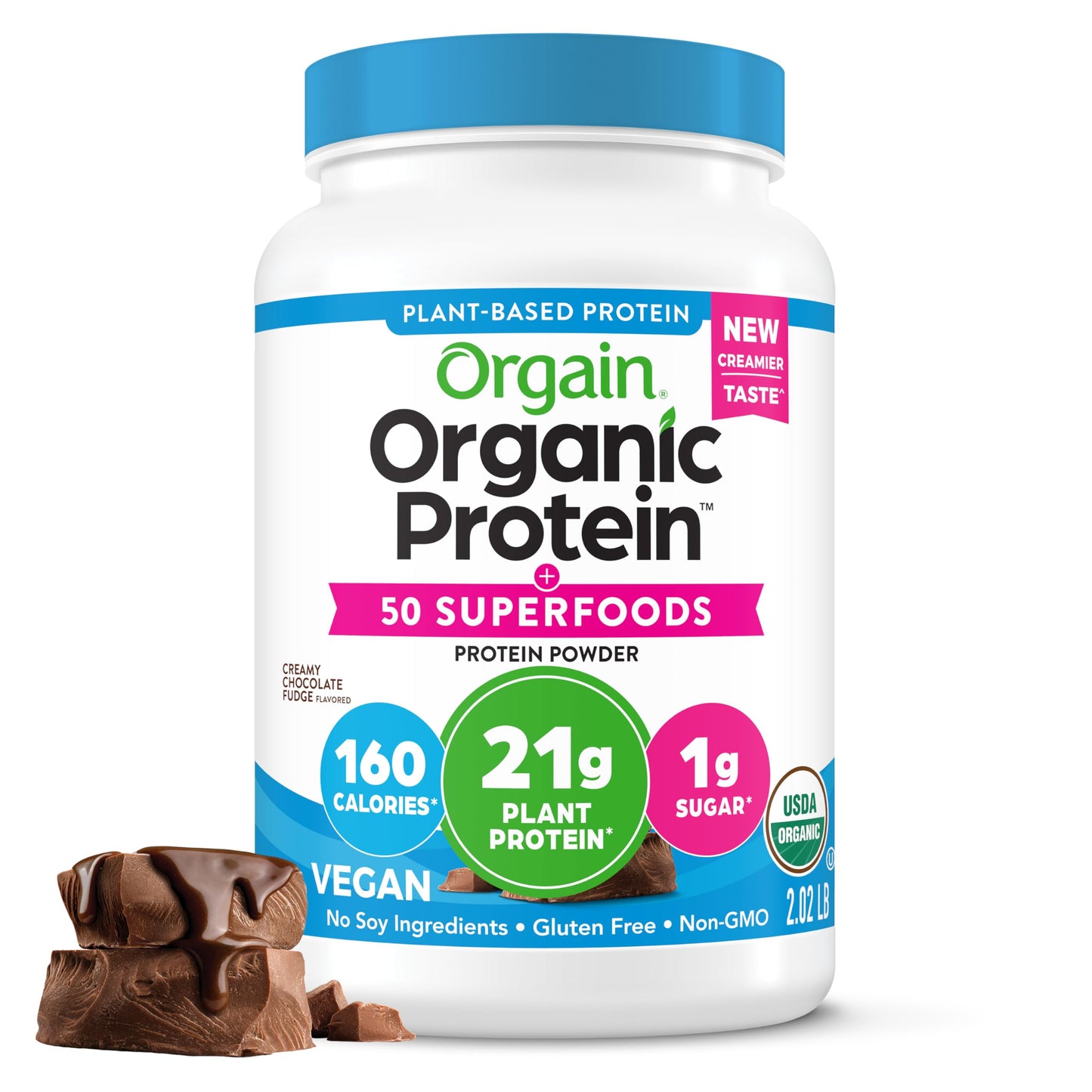 Orgain Organic Vegan Protein + 50 Superfoods Powder, Vanilla Bean - 21g Plant Based Protein, 8g Prebiotic Fiber, No Lactose Ingredients, Gluten Free, No Added Sugar, Non-GMO, 2.02 lb