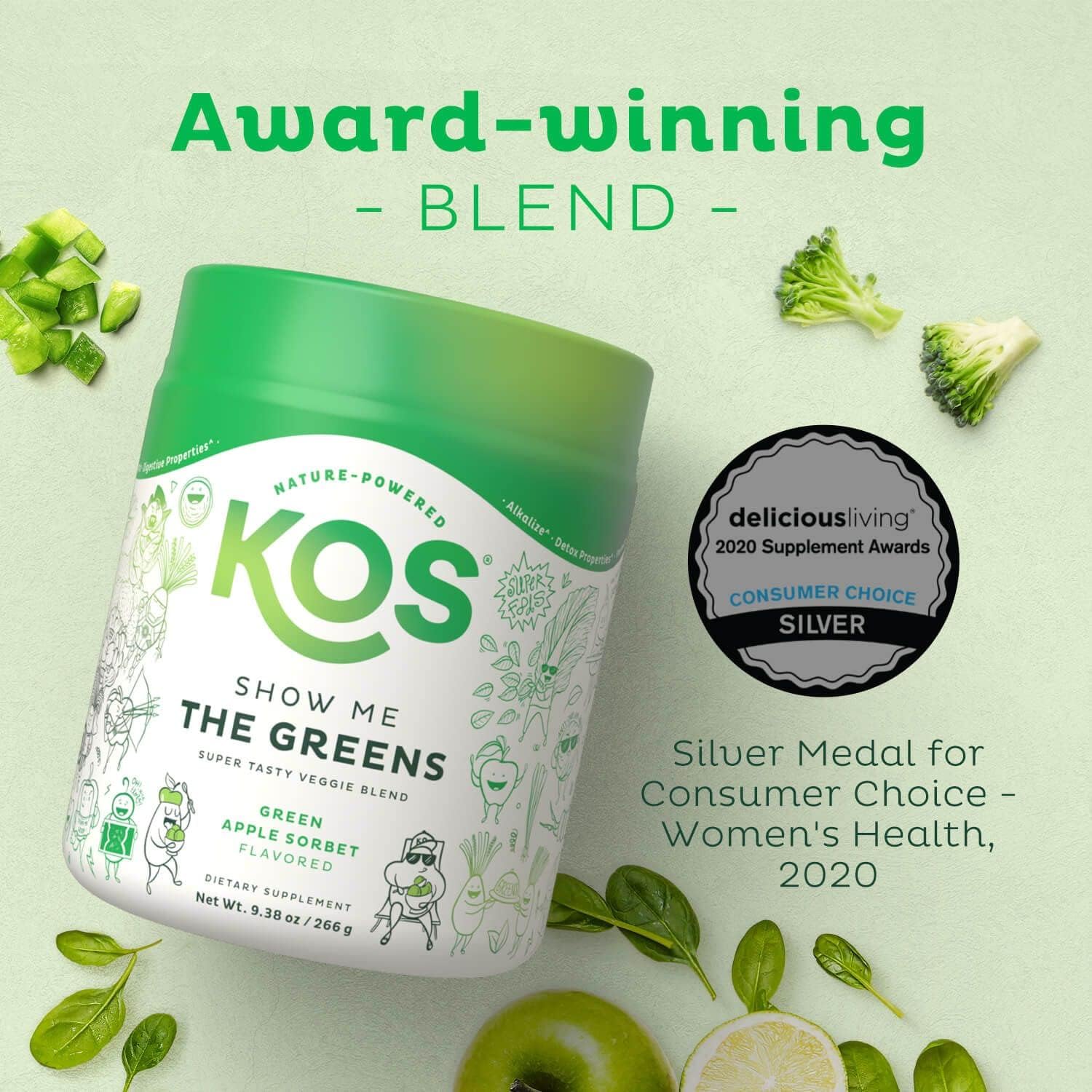KOS Organic Super Greens Powder Erythritol Free - Plant Based Superfood Blend with Spirulina, Chlorella & Wheatgrass - USDA Certified Organic, Green Juice Smoothie - Apple Flavor - 28 Servings - Nirvana Guru