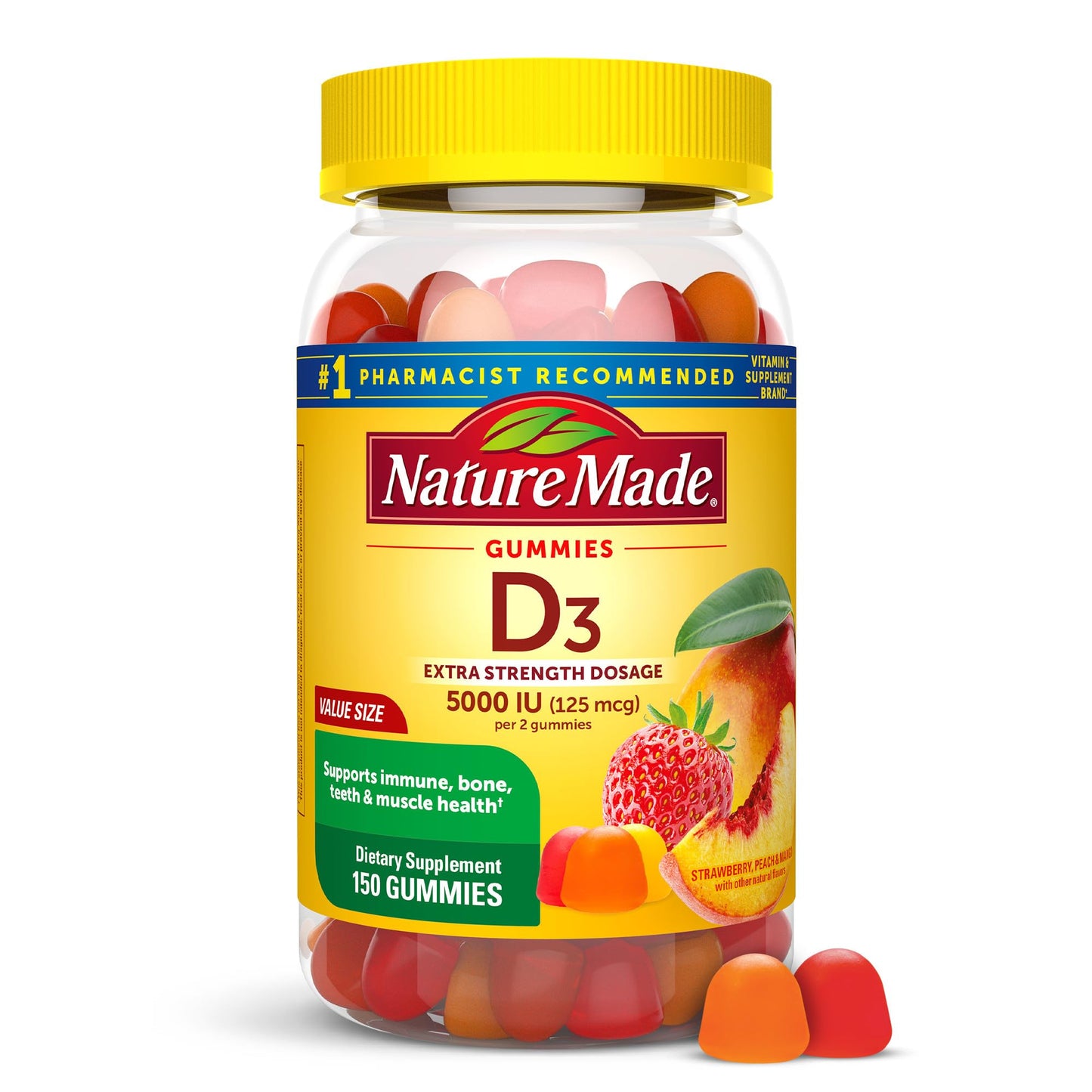 Nature Made Extra Strength Vitamin D3 5000 IU (125 mcg) per serving, Dietary Supplement for Bone, Teeth, Muscle and Immune Health Support, 150 Gummies, 75 Day Supply - Nirvana Guru