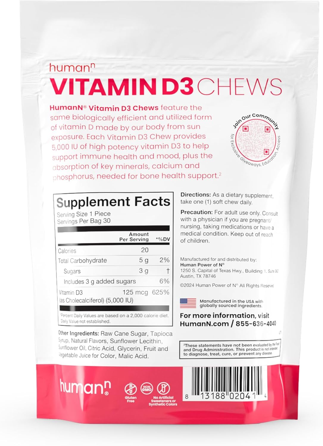HumanN Vitamin D3 Chews - High Potency Vitamin D 5000iu (125mcg) Helps Support Healthy Mood, Immunity, Respiratory Health & Bone Health, Mixed Berry Flavor, 30-Count - Nirvana Guru