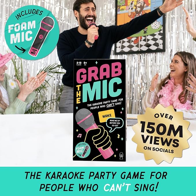 Lucky Egg Official Grab The Mic – Family Karaoke Board Game w/Foam Mic, 8+ Ages, 2-10 Players - Games for Bad Singers w/ 250 Lyrics (125 Cards) for Hilarious Game Nights & Birthday Party, Kids Gift Nirvana Guru