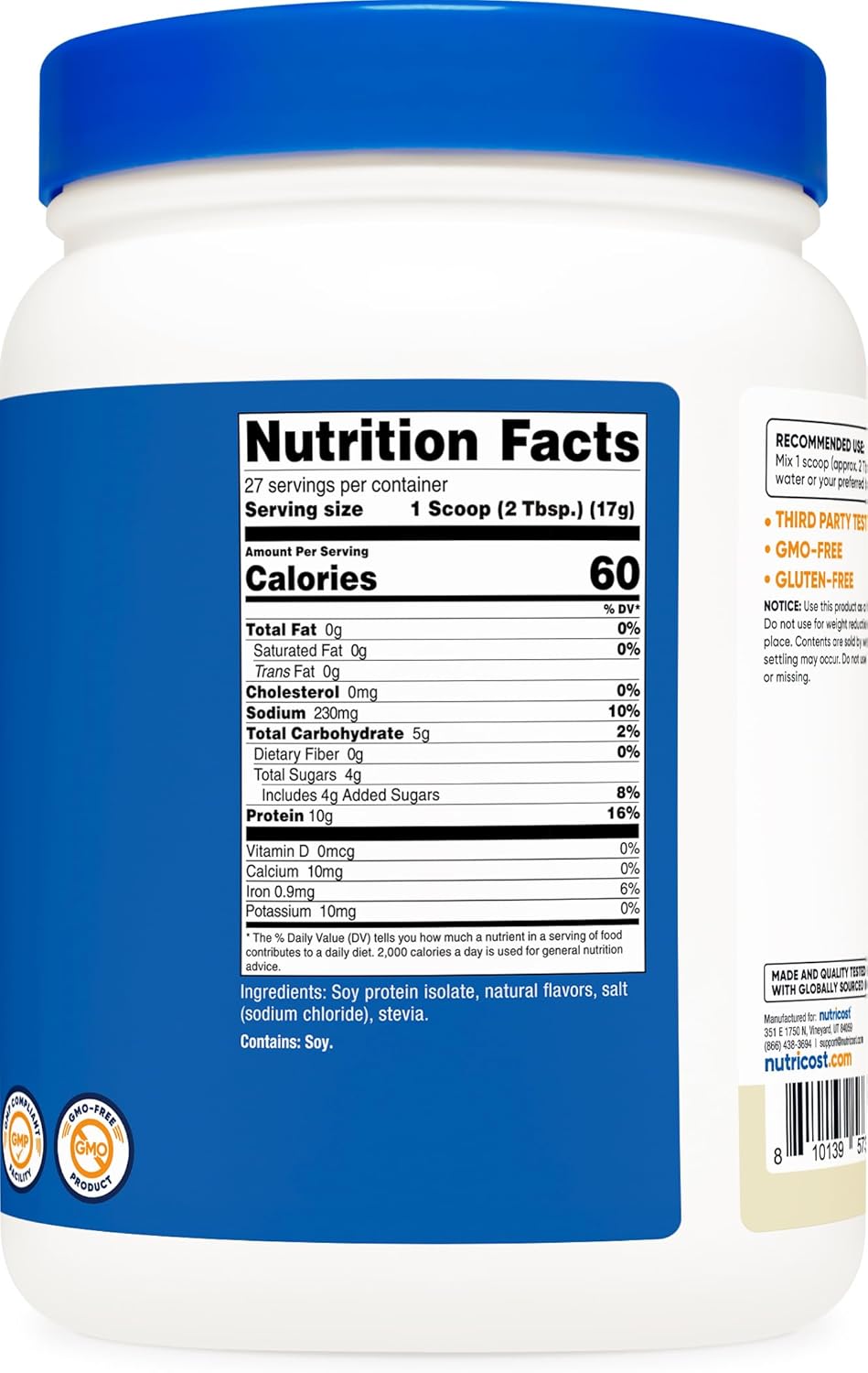 Nutricost Soy Protein Isolate Powder, 1 LB Vanilla - 10 Grams of Protein Per Serving, Vegan, GMO-Free & Gluten Free - Nirvana Guru