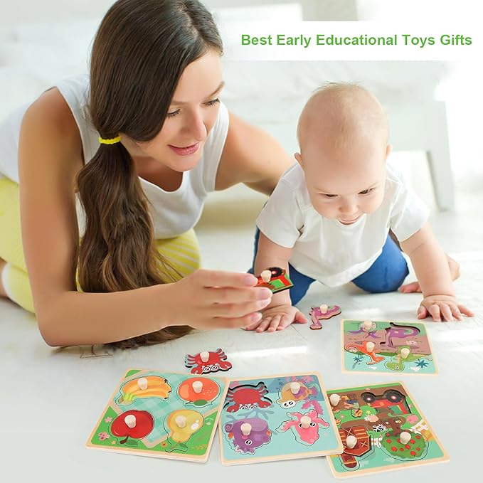 Wooden Peg Puzzles for Toddlers 1-3, Kids' Educational Preschool Peg Puzzle Toy, Set of 4 Toddler Puzzles - Farm, Dinosaur, Fruit and Marine Animals, Ideal Gift for Ages 1 2 3 Boys and Girls nirvanaguru