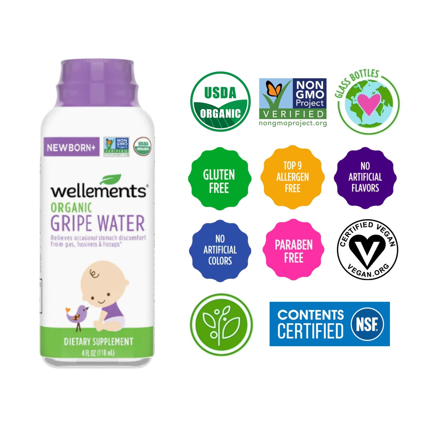 Wellements Organic Gripe Water | Relieves Occasional Stomach Discomfort from Baby Gas, Colic, Hiccups and Fussiness | Certified Organic and Non-GMO | No Artificial Flavors | 4 Fl Oz. | Ages Newborn+ Nirvana Guru