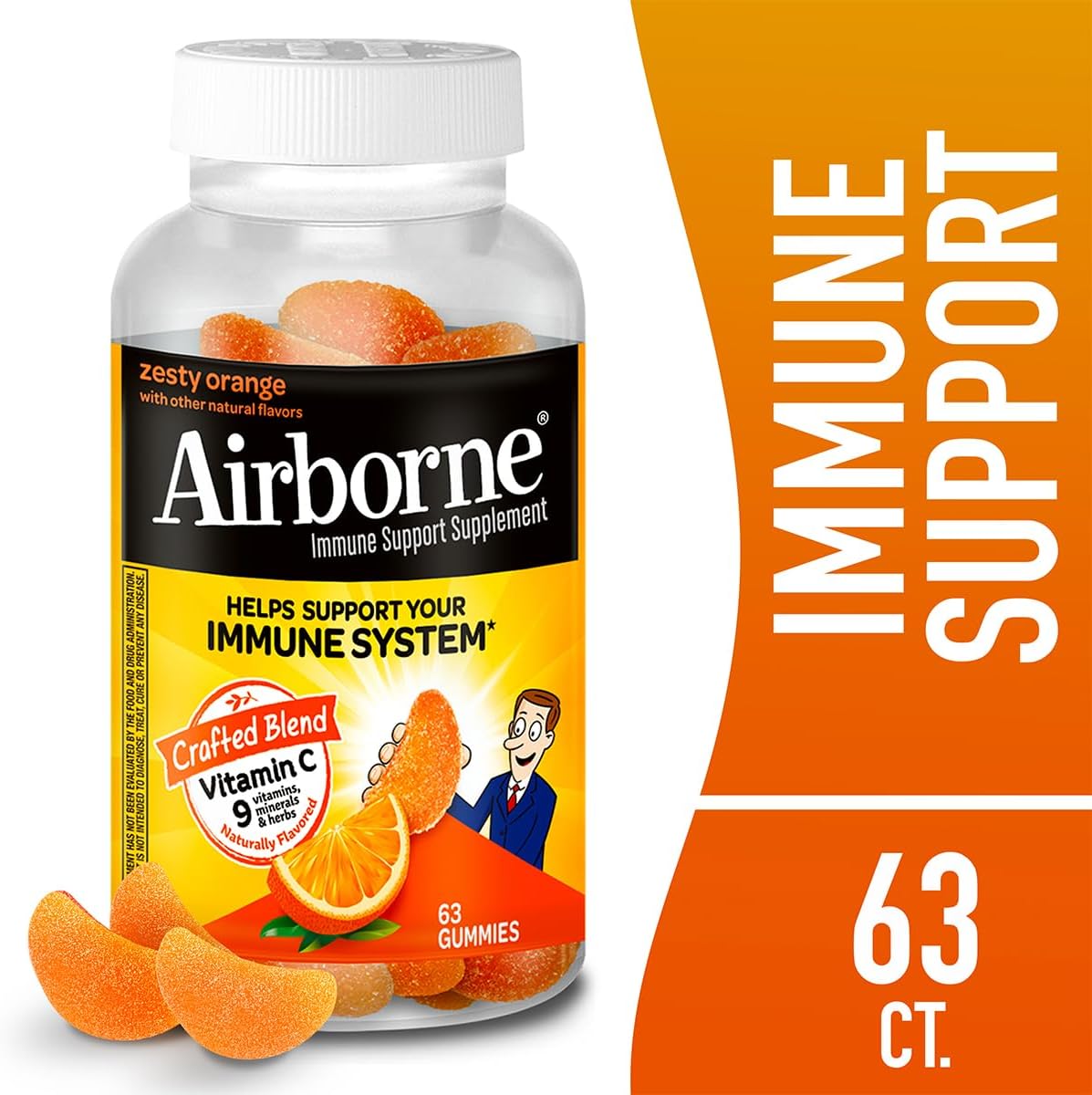 Airborne 750mg Vitamin C Immune Support Supplement Gummies for Adults, Zesty Orange Flavor, Gluten Free Crafted Blend with Powerful Antioxidants Vitamins A C & E, 63 Gummies (6 Pack) Nirvana Guru