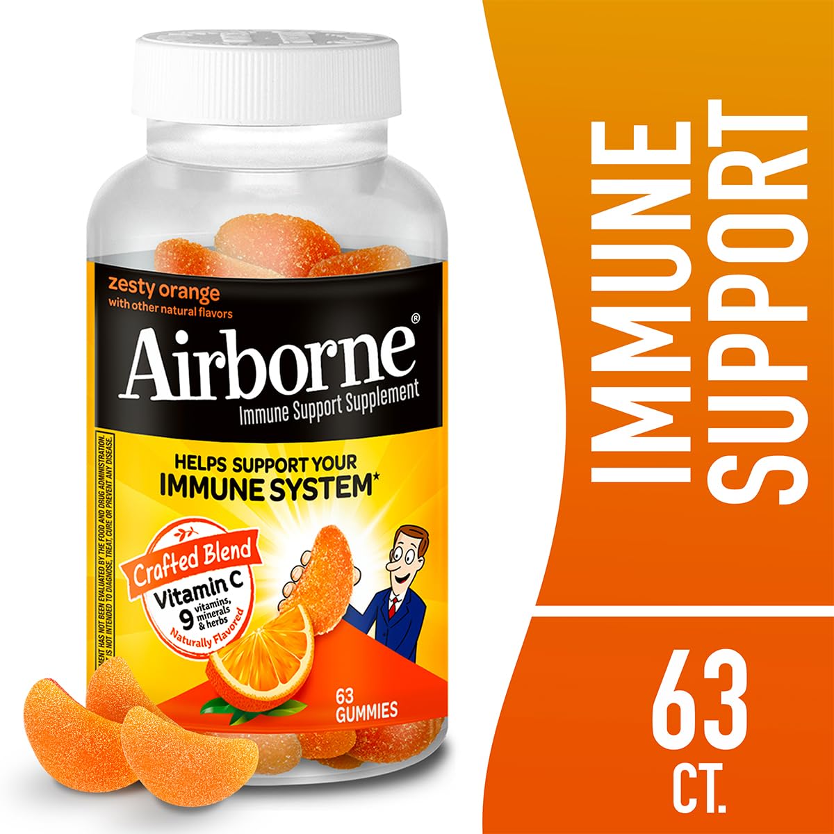 Airborne 750mg Vitamin C Immune Support Supplement Gummies for Adults, Zesty Orange Flavor, Gluten Free Crafted Blend with Powerful Antioxidants Vitamins A C & E, 63 Gummies (4 Pack) Nirvana Guru