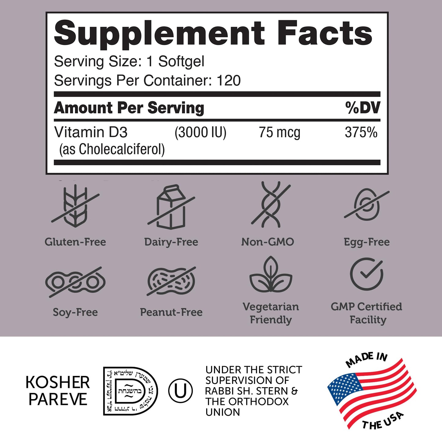 Zahler Vitamin D3 3000IU, Vitamin D3 Supplement 3,000 IU, Certified Kosher (250 Softgels) - Nirvana Guru