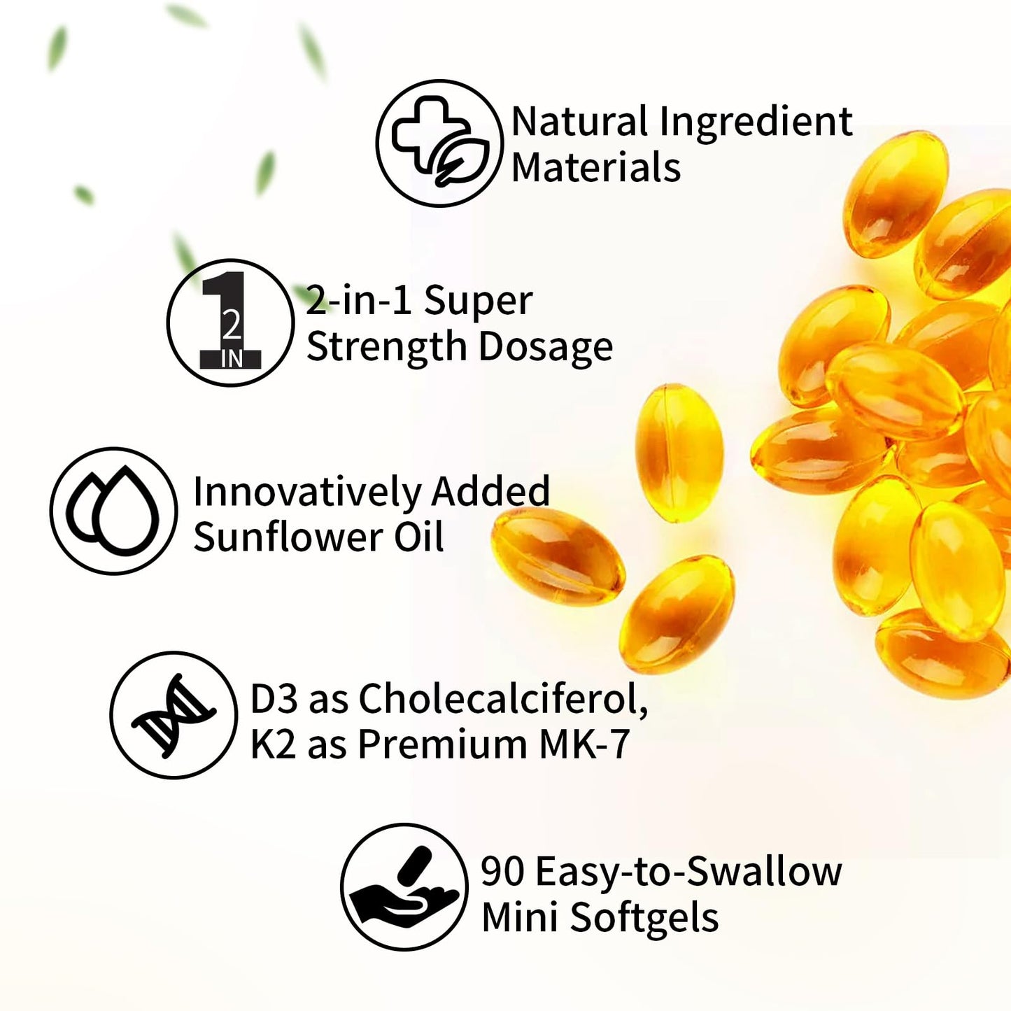 Misspep Vitamin D3 K2, 5000 IU D3 and 100 mcg K2 (MK-7), with Sunflower Oil Softgels, 90 Softgels, 2-in-1 Formula, Easy to Absorb and Swallow (1 Bottle)
