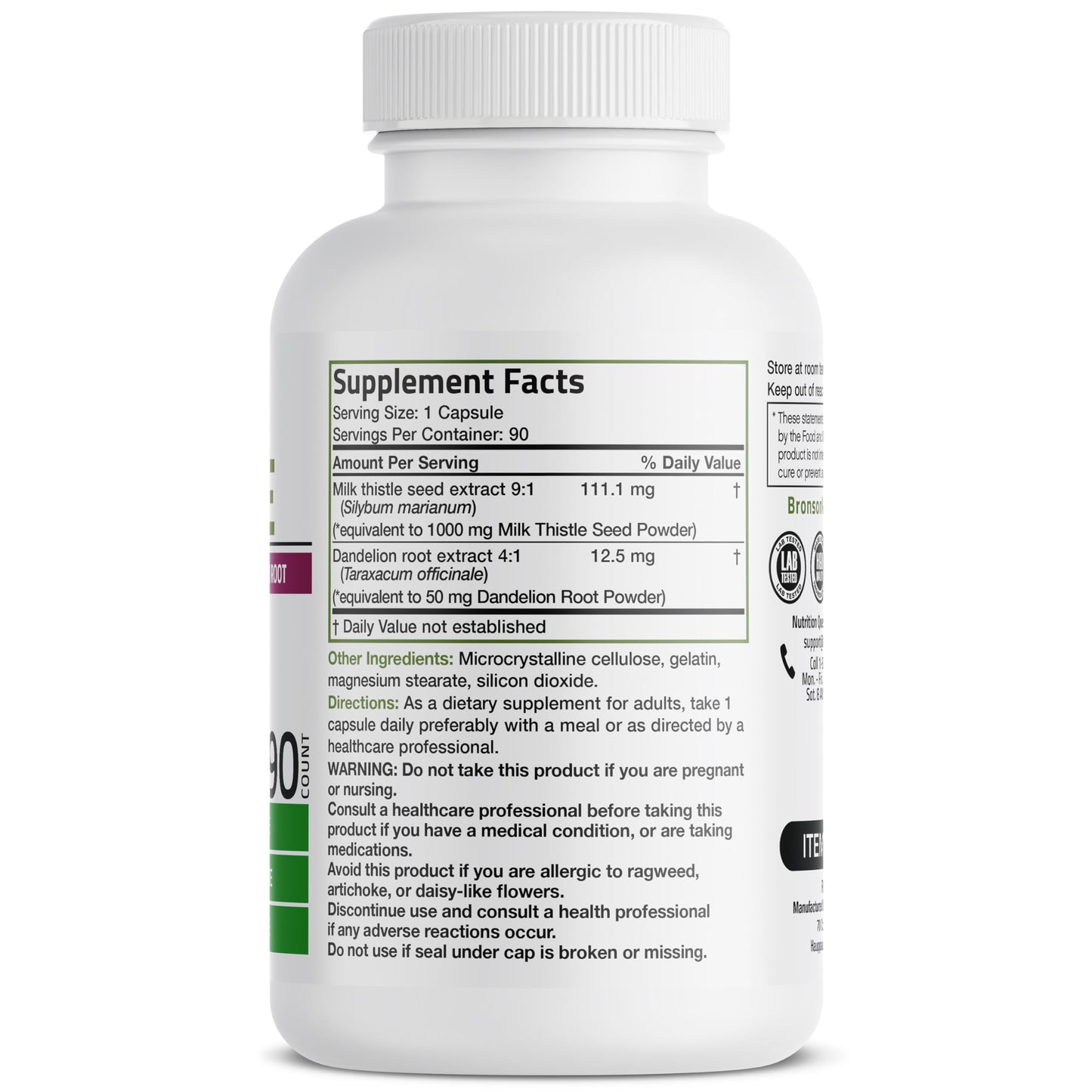 Bronson Milk Thistle Silymarin Marianum & Dandelion Root Liver Health Support, Antioxidant Support, Detox, 120 Capsules