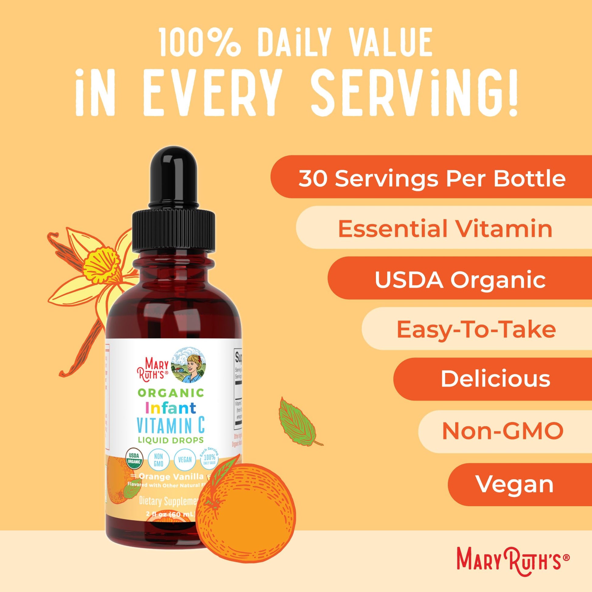 MaryRuth Organics Toddler Vitamin C Drops | USDA Organic Vitamin C Liquid Drops for Toddler | Ages 1-3 Years | Vitamin for Immune Support & Overall Health | Vegan | Non-GMO | Gluten Free | 30 Servings - Nirvana Guru