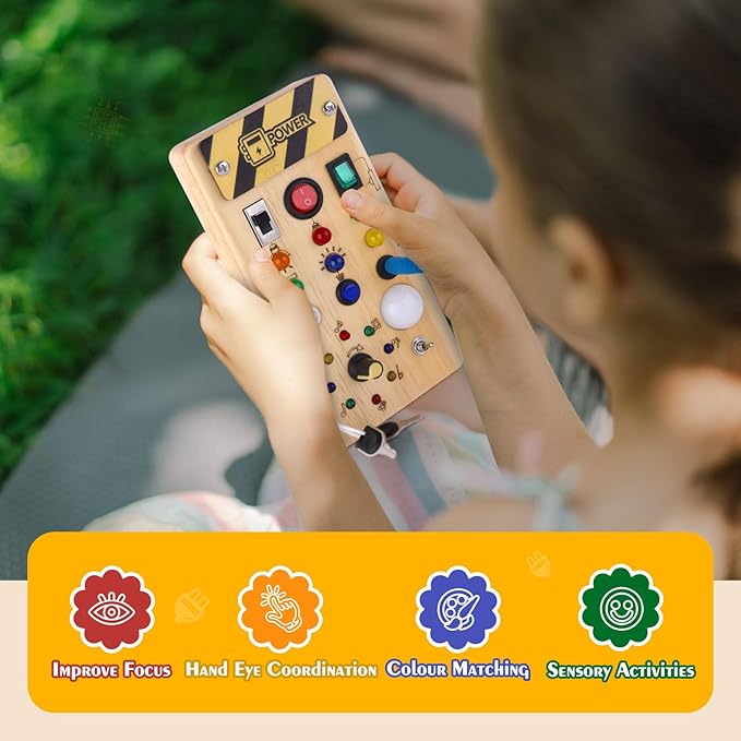 Montessori Wooden Busy Board with 8 LED Light switches, Sensory Toys Light Switch Travel Toys for 1+ Year Old Baby and Toddler nirvanaguru