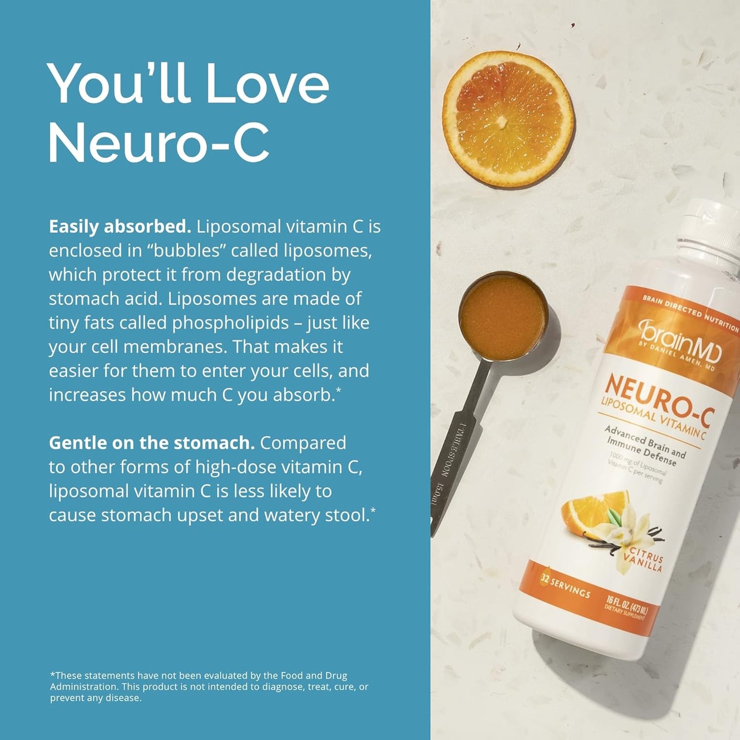 BRAINMD by Dr Amen Neuro-C, Citrus Vanilla - 16 fl oz - 1000 mg Liposomal Vitamin C - Advanced Brain & Immune Defense - Gluten Free - 32 Servings Nirvana Guru