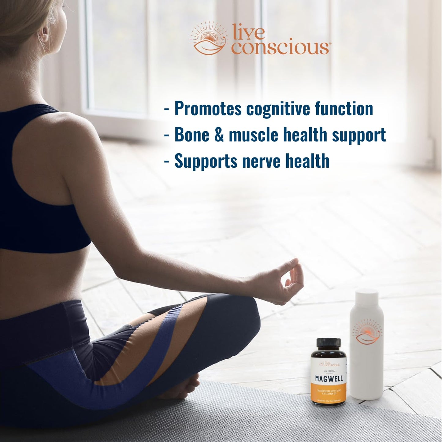 Live Conscious Magwell Magnesium Zinc & Vitamin D3 - Magnesium Glycinate, Malate, & Citrate - Triple Supplement for Women & Men - for Sleep, Bone, Heart, Immune Support - 120 Caps Nirvana Guru