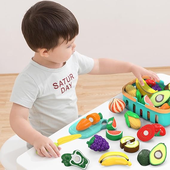 Cutting Play Food Toys For Kids, Pretend Play Kitchen Accessories, Fake Fruits/Vegetables Set With Shopping Storage Basket, Plastic Board And Knife, Birthday Gifts/Educational Toy For Toddler Children nirvanaguru