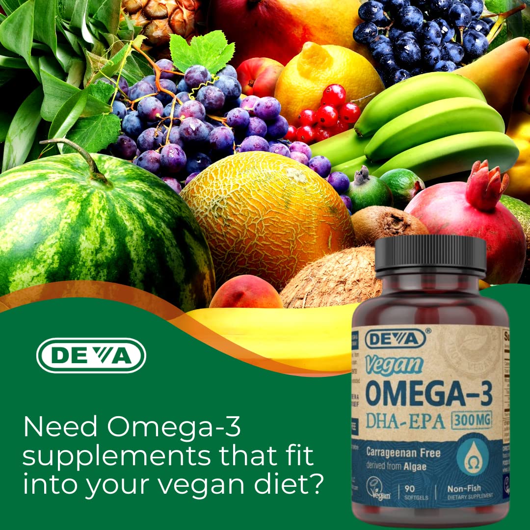 DEVA Vegan Omega-3 DHA Supplement, Once-Per-Day Softgel 200 MG, Carrageenan Free, Gelatin Free, Non-Fish, Algae Oil, Omega-3 Fatty Acids - 90 Softgels - Nirvana Guru