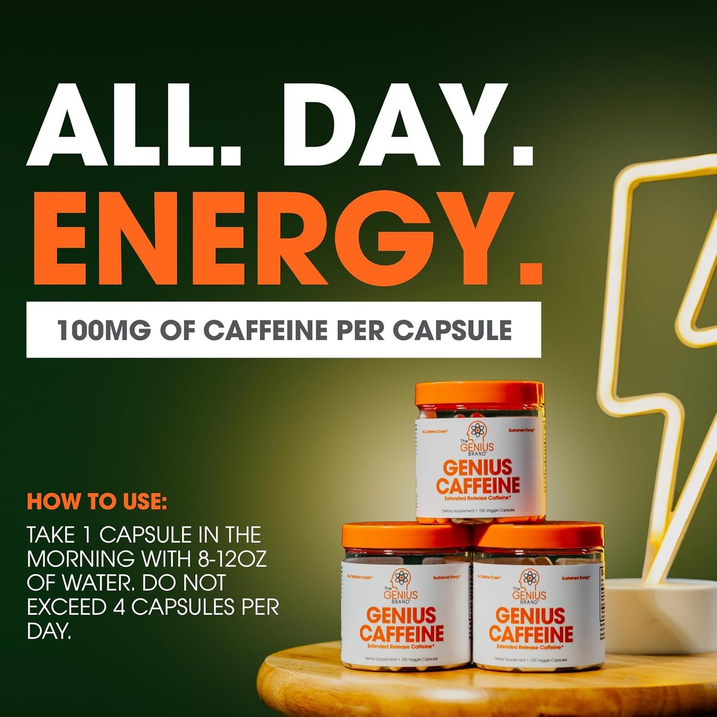 Genius Caffeine - Sustained-Release Microencapsulated Caffeine Pills for Smooth, Long-Lasting Energy & Focus - No Jitters or Crash - 100mg per Capsule - 100 Servings - Natural Performance Booster