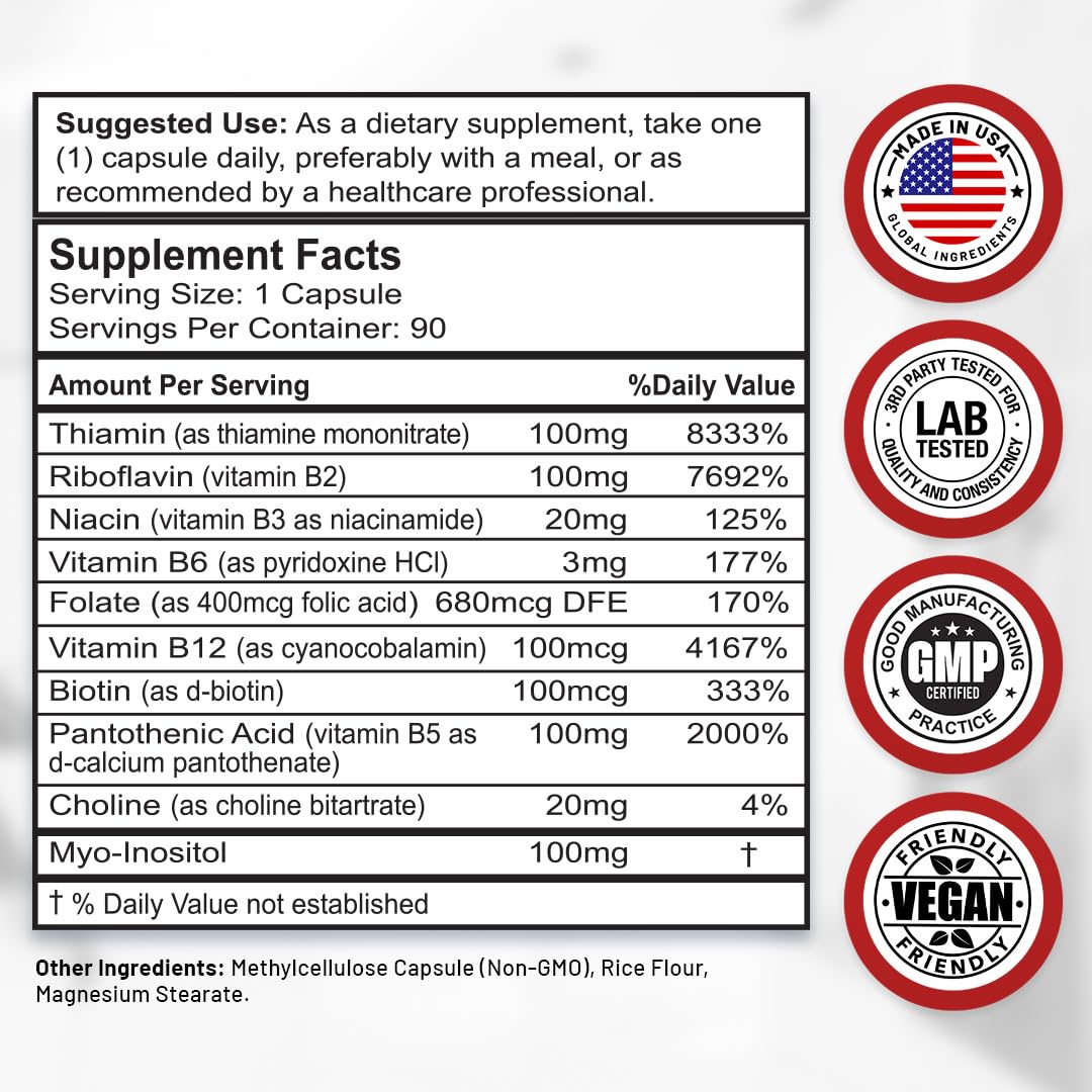 Divine Bounty Super B Complex Vitamins - All B Vitamins Including B12, B1, B2, B3, B5, B6, B7, B9, Folic Acid - Vitamin B Supplement - Support Healthy Energy Metabolism - 90 Vegetarian Capsules Nirvana Guru