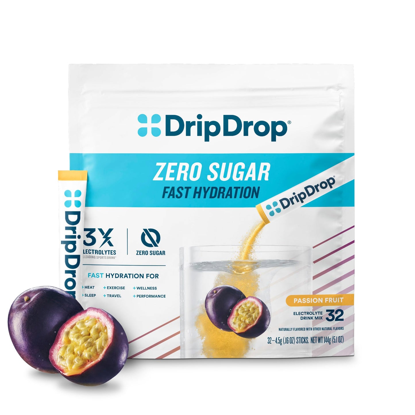 DripDrop Sugar Free Hydration Packets - Zero Classic Variety Pack - Single Serve Electrolytes Powder Drink Mix - Lemon Lime, Watermelon, Peach, Passion Fruit - Non-GMO, Gluten Free, Vegan - 32 Sticks