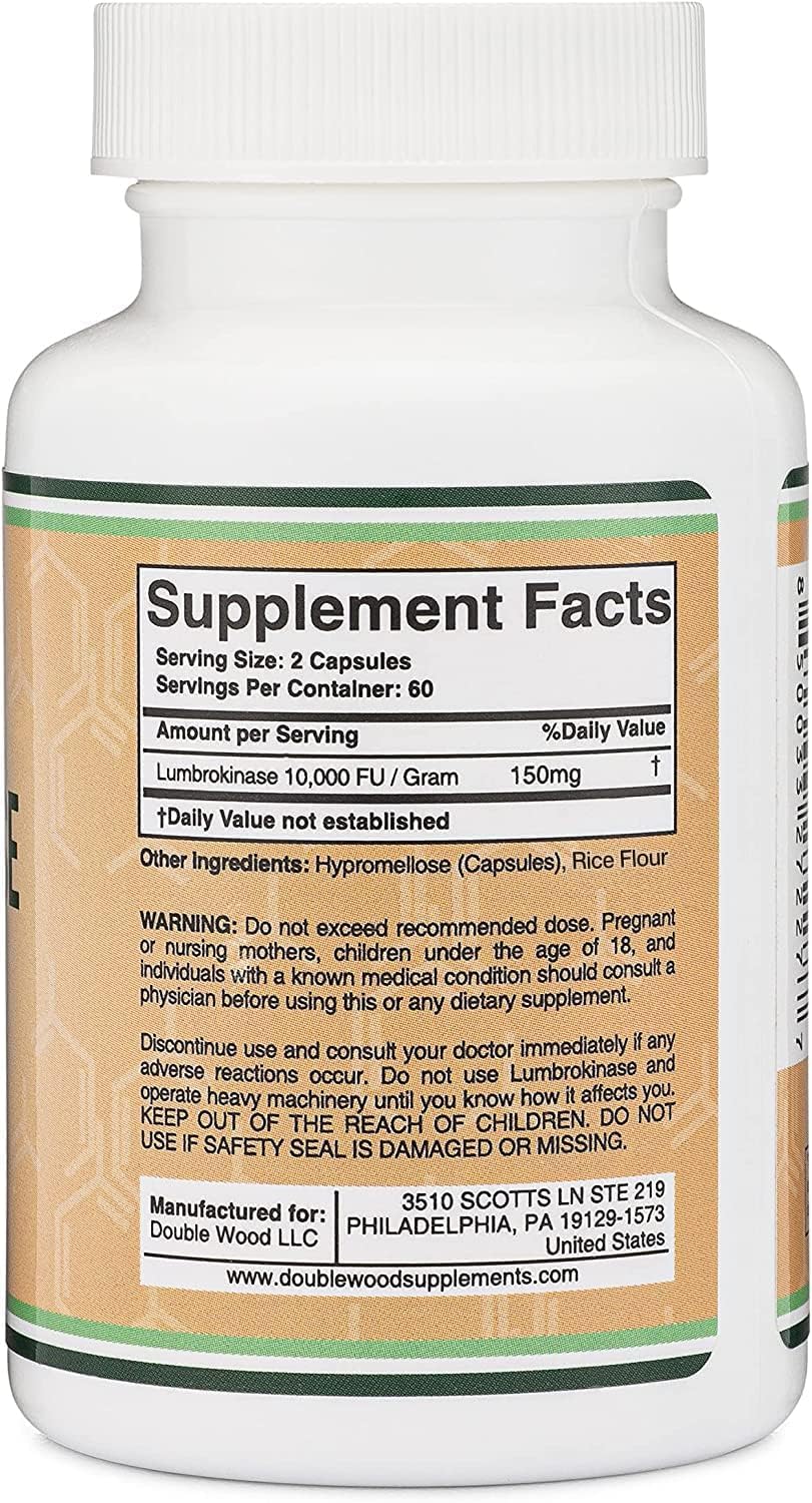 Lumbrokinase Enzymes Supplement - 120 Capsules (Max Activity 10,000 FU/Gram) 150mg per Serving (No Fillers, Non-GMO, Gluten Free) for Cardiovascular and Blood Circulation Support by Double Wood Nirvana Guru