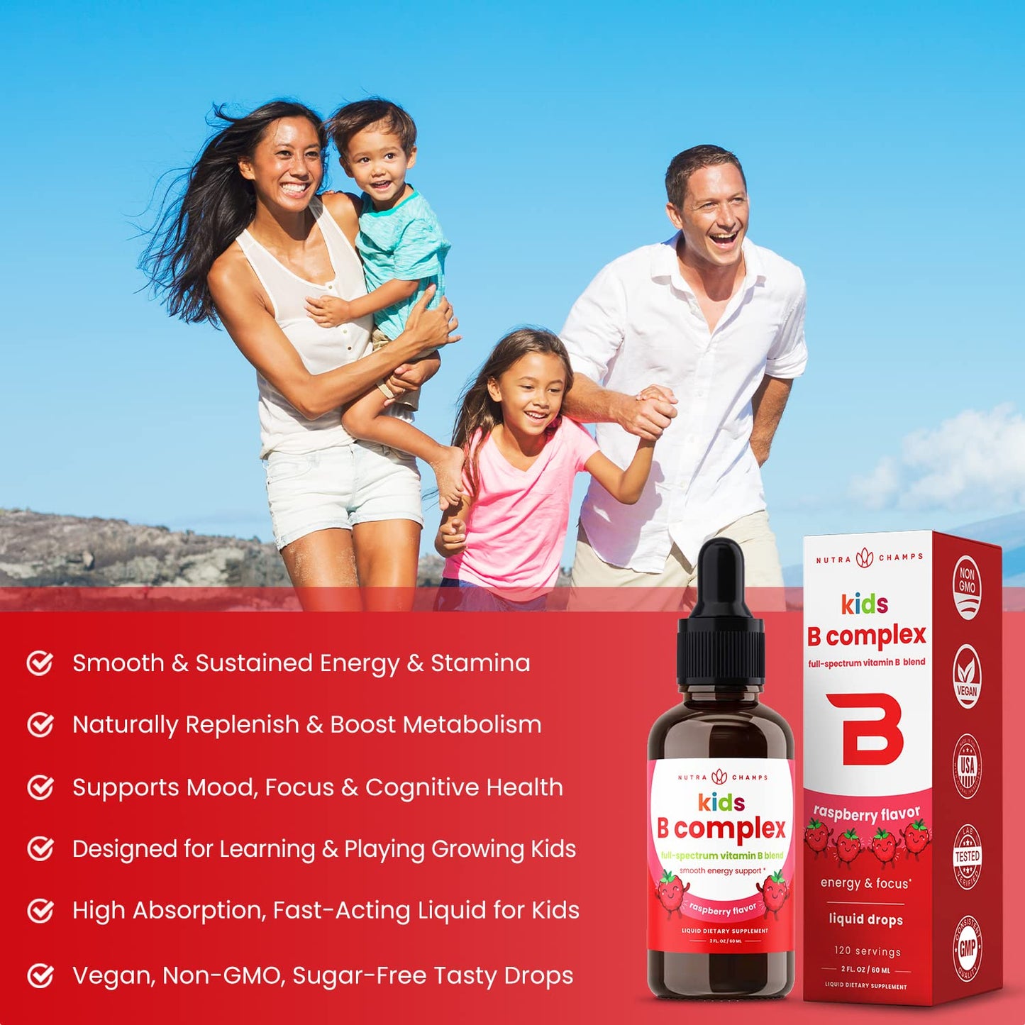 USDA Organic Vitamin B Complex Liquid Drops | B Vitamins Complex Supplement with B1, B2, B3, B6, B7, B9 & Methyl B12 Drops for Adults & Kids | Vegan Berry Flavor 2oz | 60 Servings / 2 Month Supply Nirvana Guru
