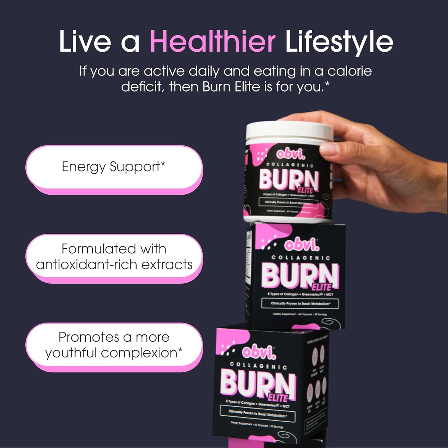 Obvi Burn Elite | Supports Metabolism Boost, Energy, and Focus | Supplement with Collagen and Green Tea | Supports Healthy Hair, Skin, Nails, and Joints | 60 Capsules, 30 Servings - Nirvana Guru