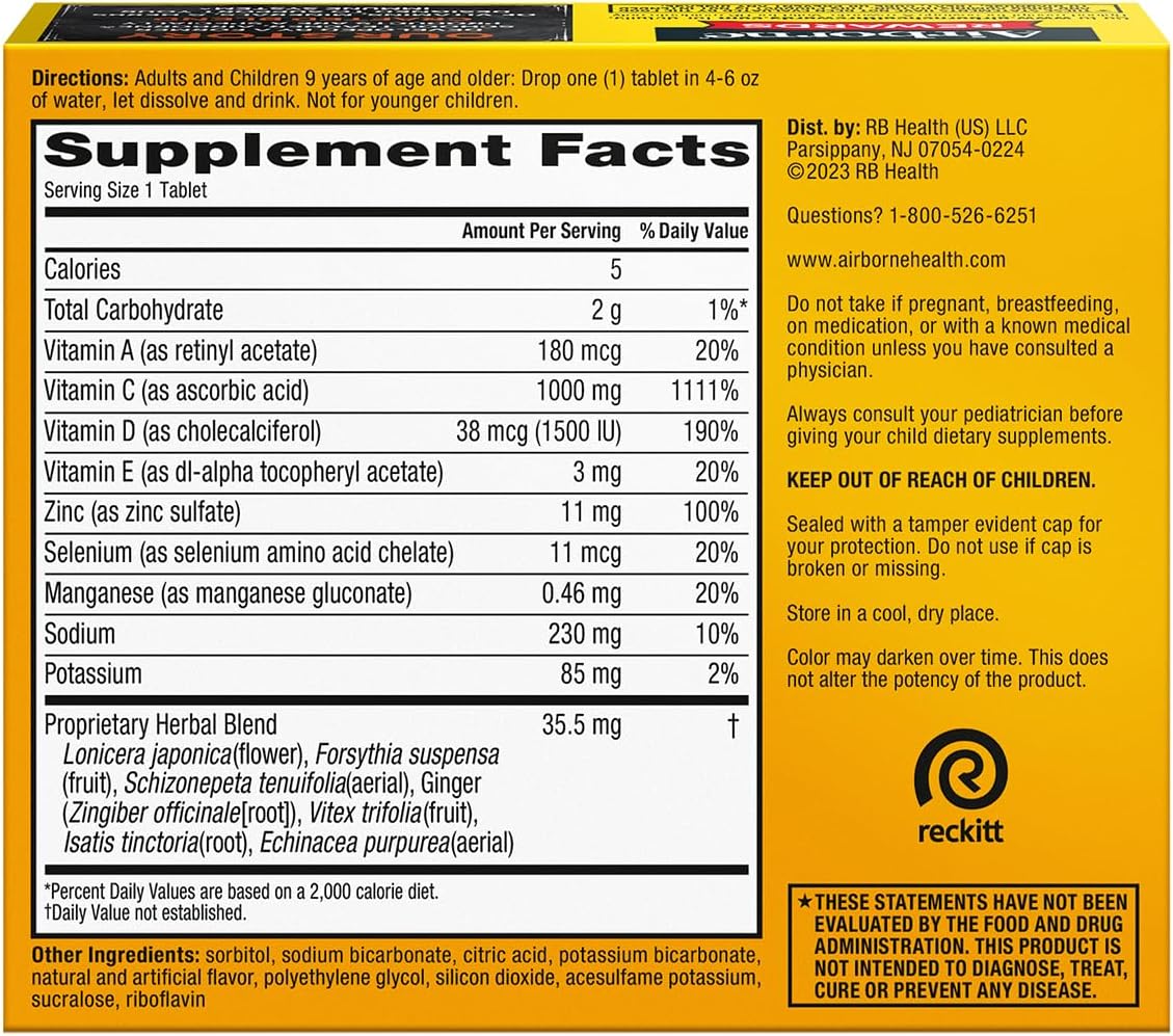 Airborne 1000mg Vitamin C + Zinc Sugar Free Multivitamin Immune Support Effervescent Fizzy Drink Tablets, Zesty Orange Flavor with Powerful Antioxidants Vitamins A C & E, 30 Tablets (2 Pack) Nirvana Guru