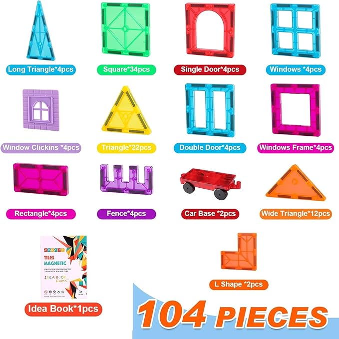 Magnetic Tiles,104PCS Magnetic Building Tiles for Kids, Educational Magnetic Stacking Blocks, Magnets Construction Toys, Christmas Toy Gift for Toddlers,Kids Boys and Girls 3 4 5 6 7 8 9+Year Nirvana Guru