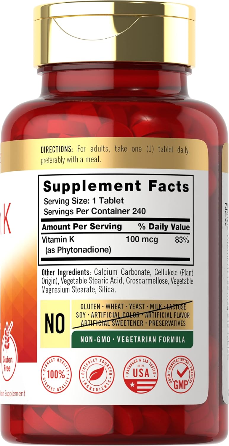 Carlyle Vitamin K 100 mcg | 240 Tablets | Vegetarian, Non-GMO, Gluten Free | Vitamin K Supplement Nirvana Guru